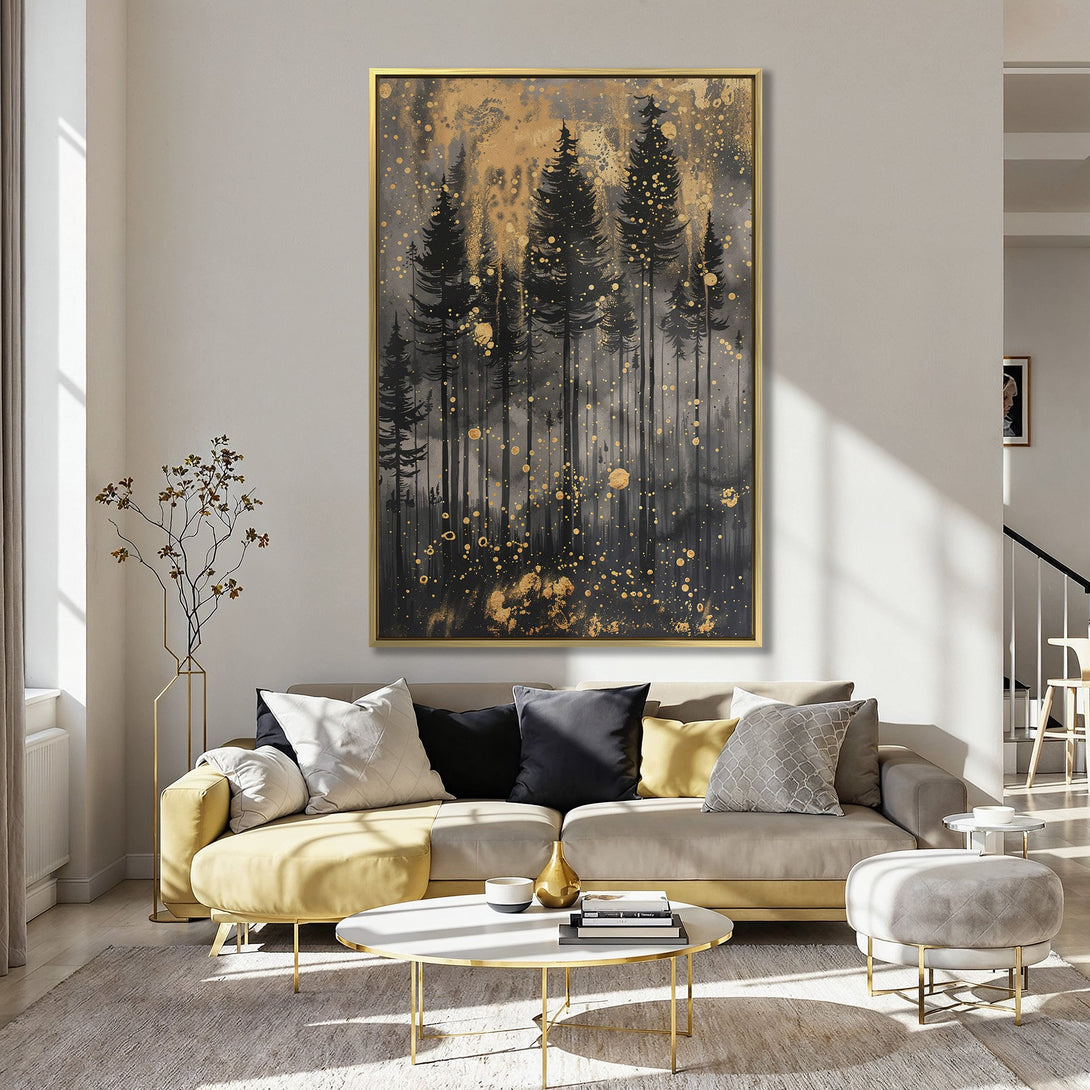 Canvas Print of a black forest with gold accents, displayed in a stylish interior. Modern art with a moody, elegant color palette.