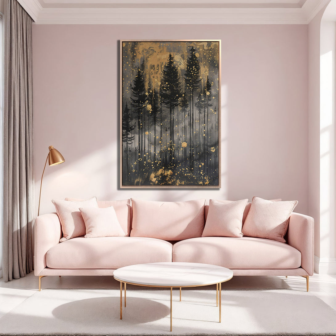 Framed Wall Art: Abstract forest scene in black, gold, and gray. Modern canvas print adds a touch of elegance to any living room. Shop now!