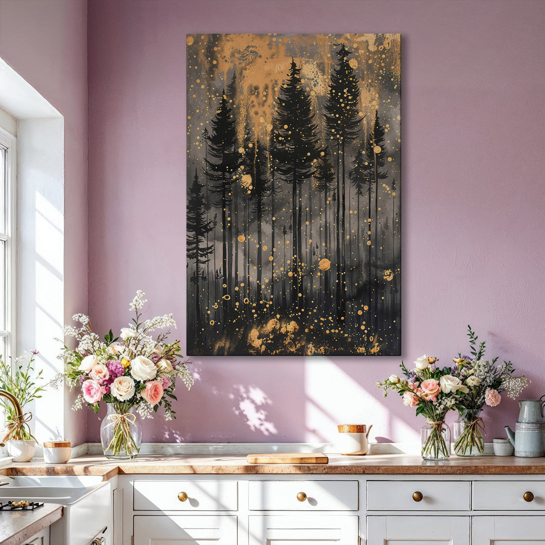 Framed Wall Art featuring a black and gold forest scene. Modern abstract style with a moody, elegant color palette. Perfect for adding a touch of nature to your home.