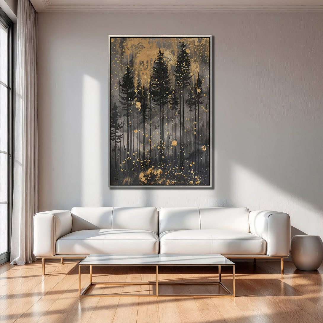 Framed Wall Art: Abstract forest scene in black, gold, and gray. Modern Canvas Print adds a touch of elegance to any space.