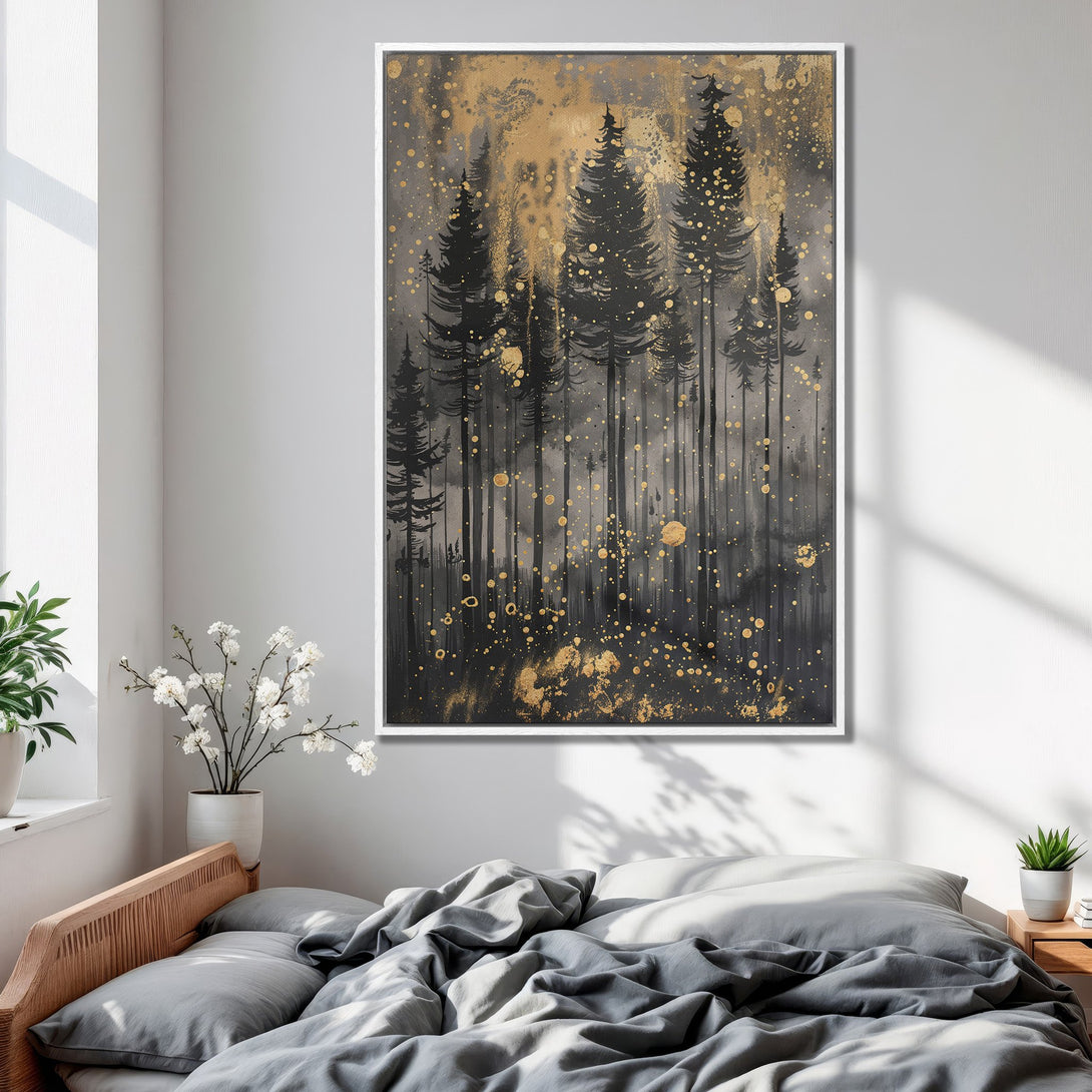 Framed Wall Art: Abstract forest scene in black, gray, and gold. Modern canvas print adds elegance to any bedroom. Shop now for stylish wall decor!