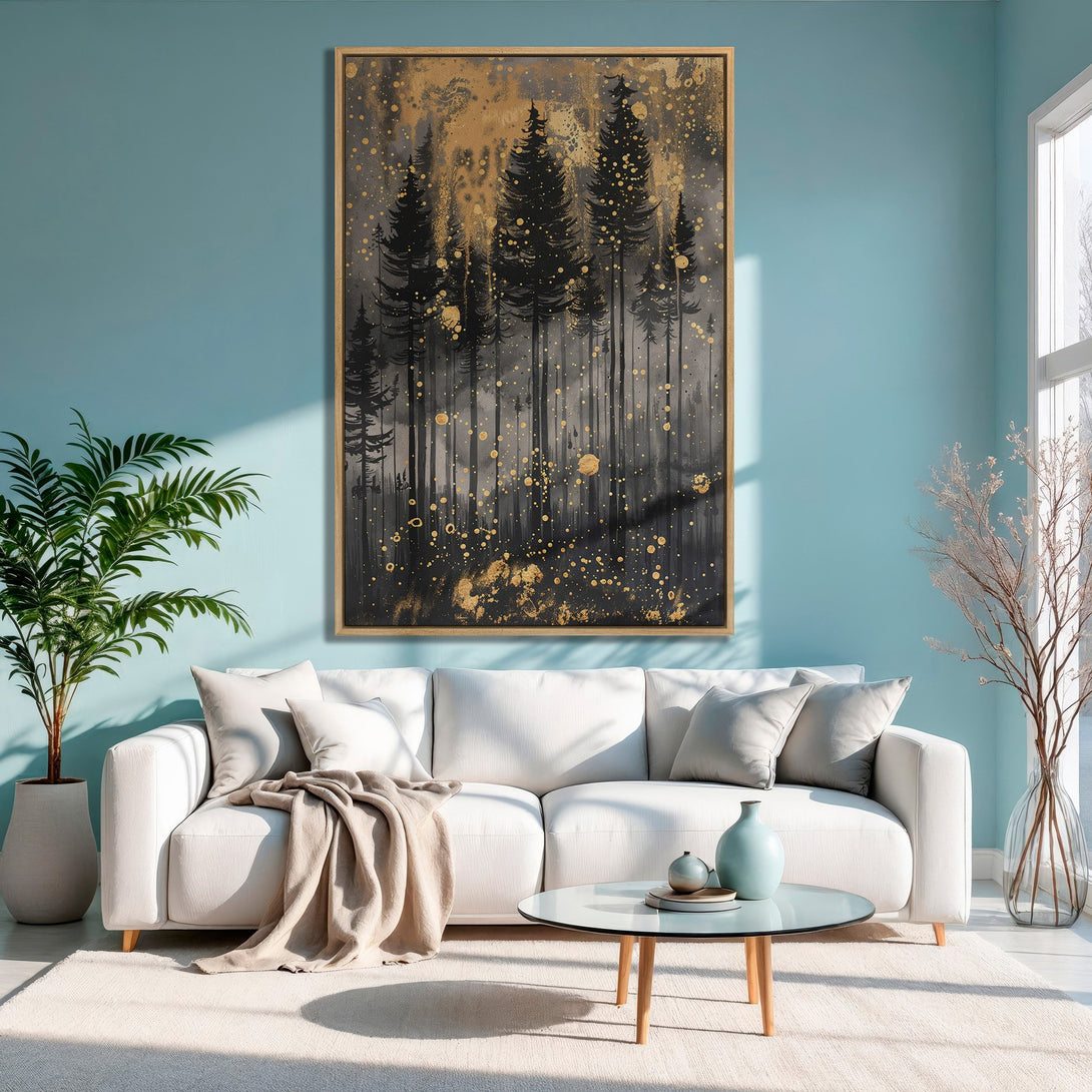 Framed Wall Art of a forest scene in black, gold, and gray. Modern art canvas print adds a touch of elegance to any room.