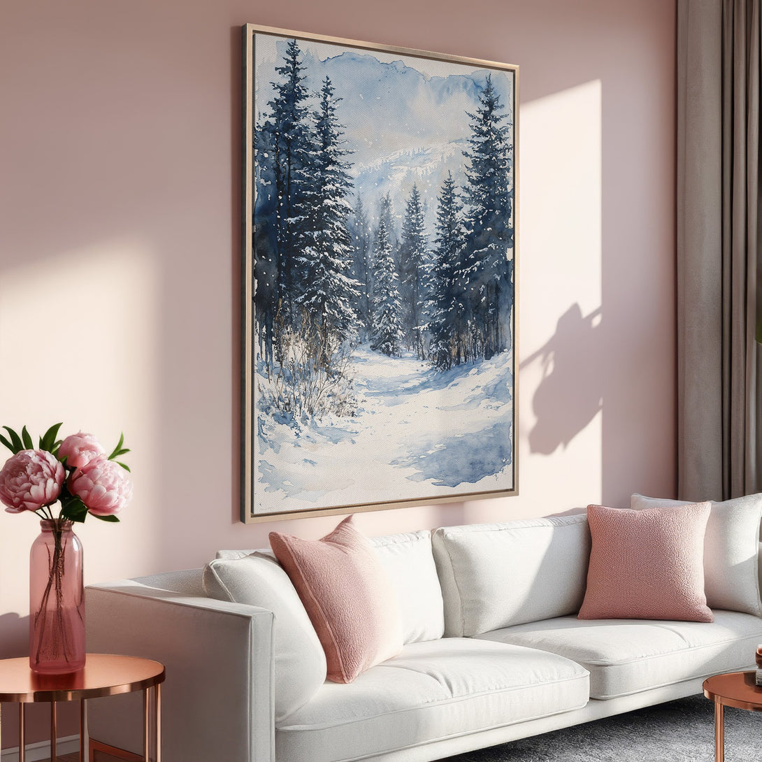 Framed Wall Art: Watercolor winter forest scene in blue & white. Perfect for adding a touch of nature to your home decor. Shop now!