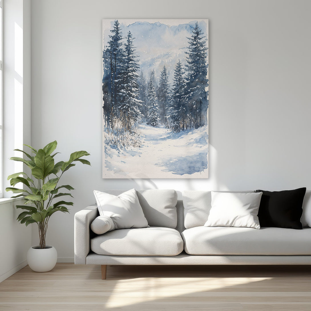 Framed Wall Art featuring a serene watercolor winter forest scene with a blue and white color palette. Perfect for adding a touch of nature to your home.