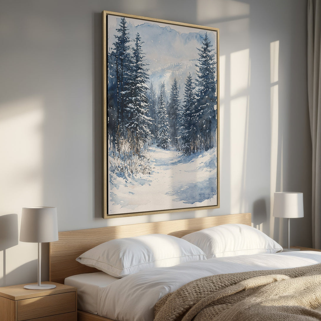Framed Wall Art: Watercolor winter forest scene in blue and white. Perfect for a cozy bedroom. Add a touch of nature to your space!