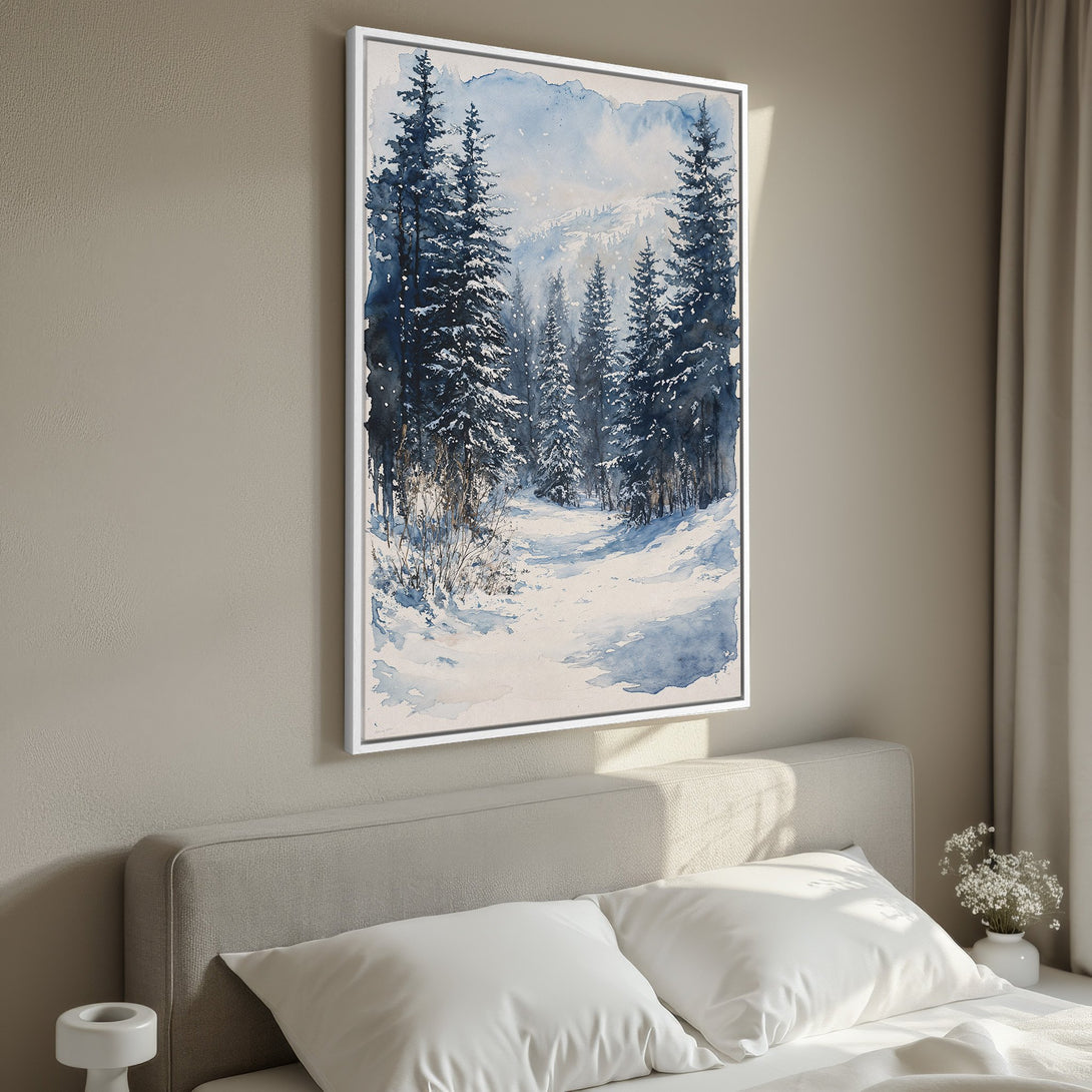 Framed Wall Art: Watercolor winter forest scene in blue and white hues. Add serene beauty to your home with this stunning Canvas Print.