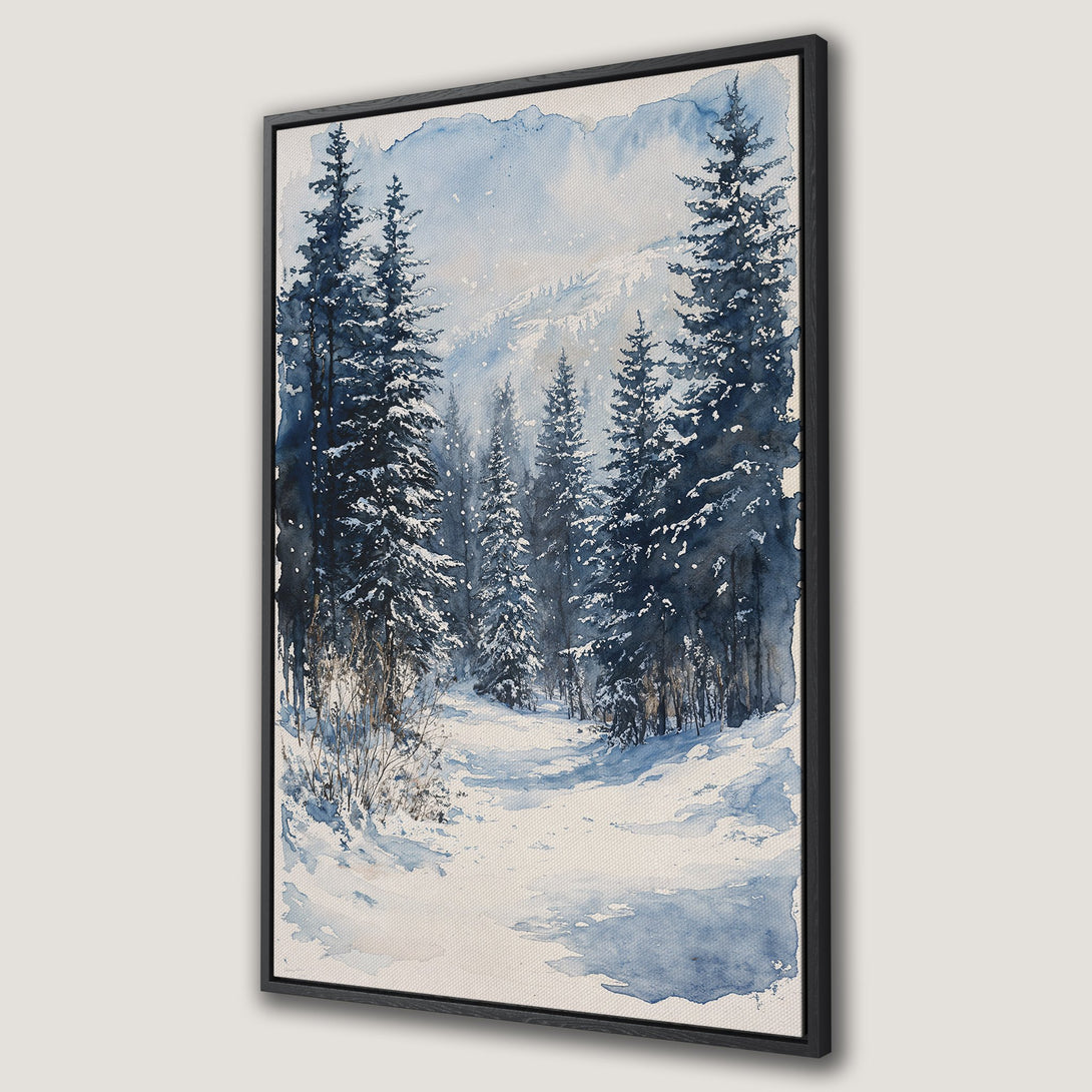 Framed Wall Art: Watercolor winter forest scene in blue and white. Serene landscape Canvas Print for home decor.