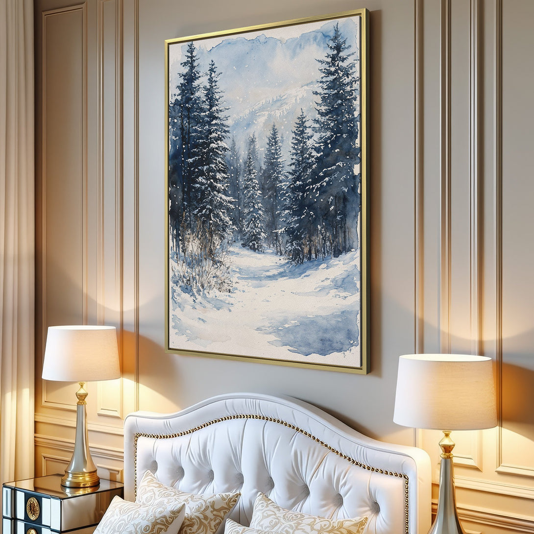 Canvas Print of a serene watercolor winter forest scene in blue and white hues. Perfect for adding a touch of nature to your home decor.