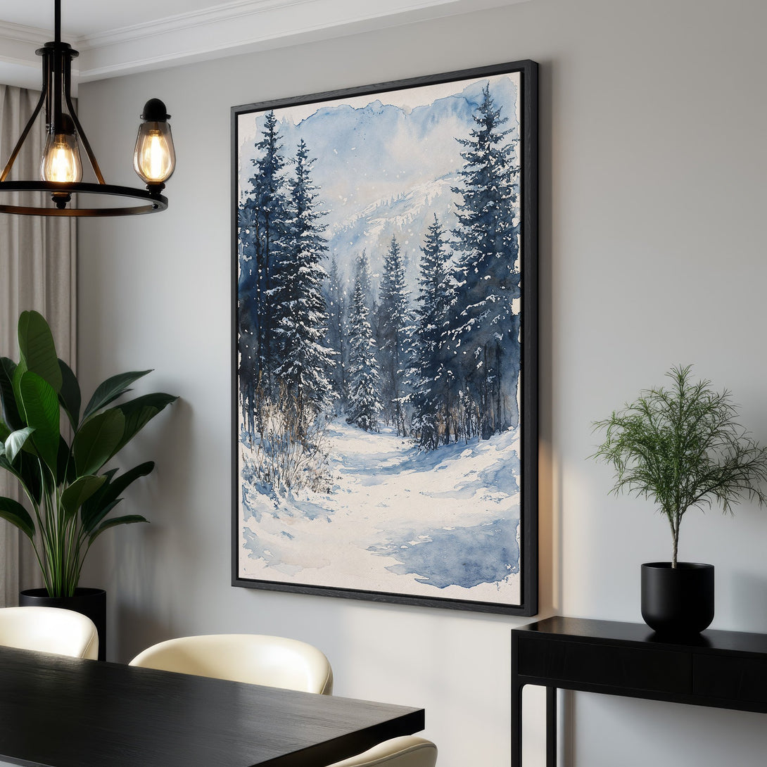 Framed Wall Art: Watercolor winter forest scene in blue and white. Bring the serene beauty of nature into your home with this stunning Canvas Print.