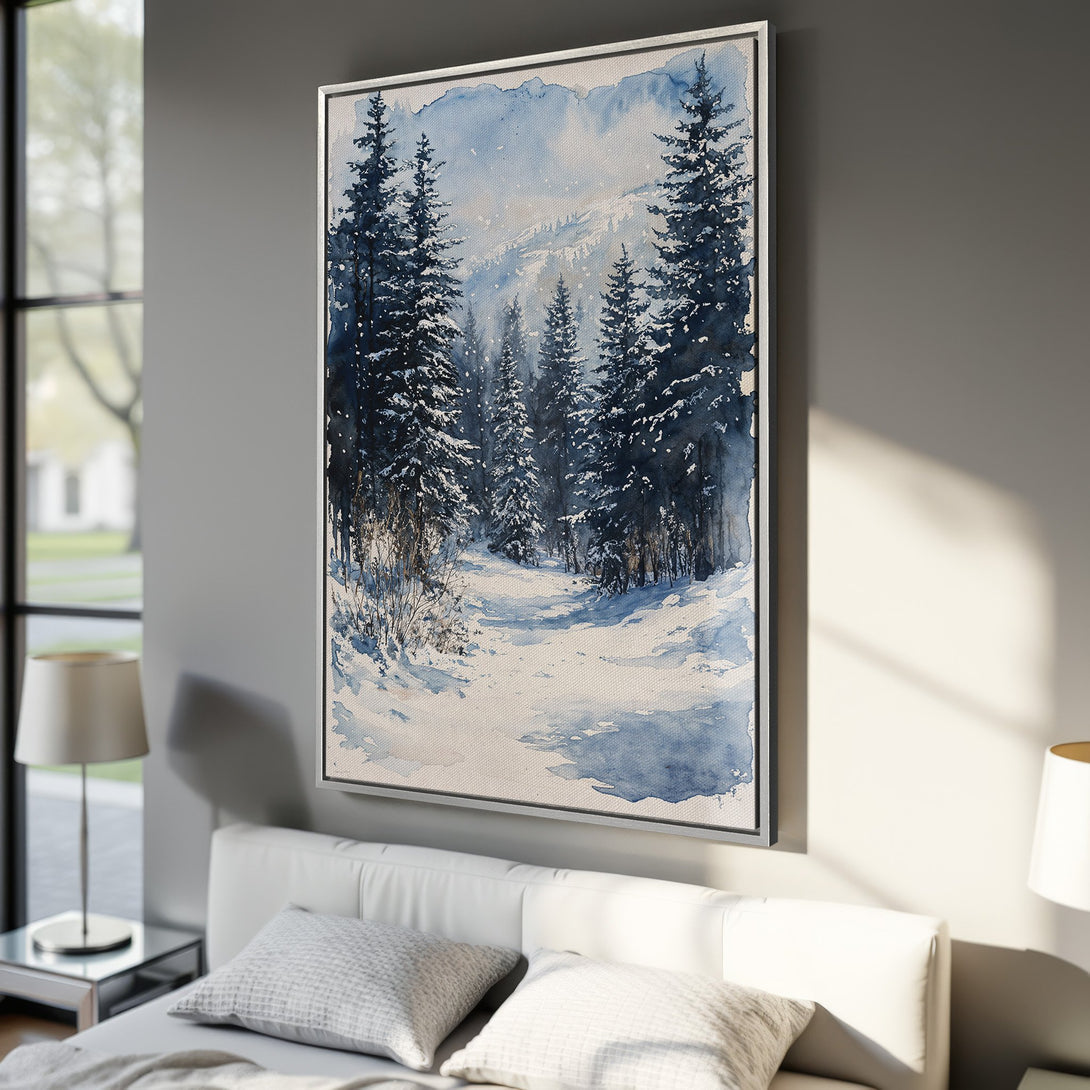 Framed Wall Art: Watercolor winter forest scene in blue and white tones. Perfect for adding a touch of serene nature to any space. Shop now!