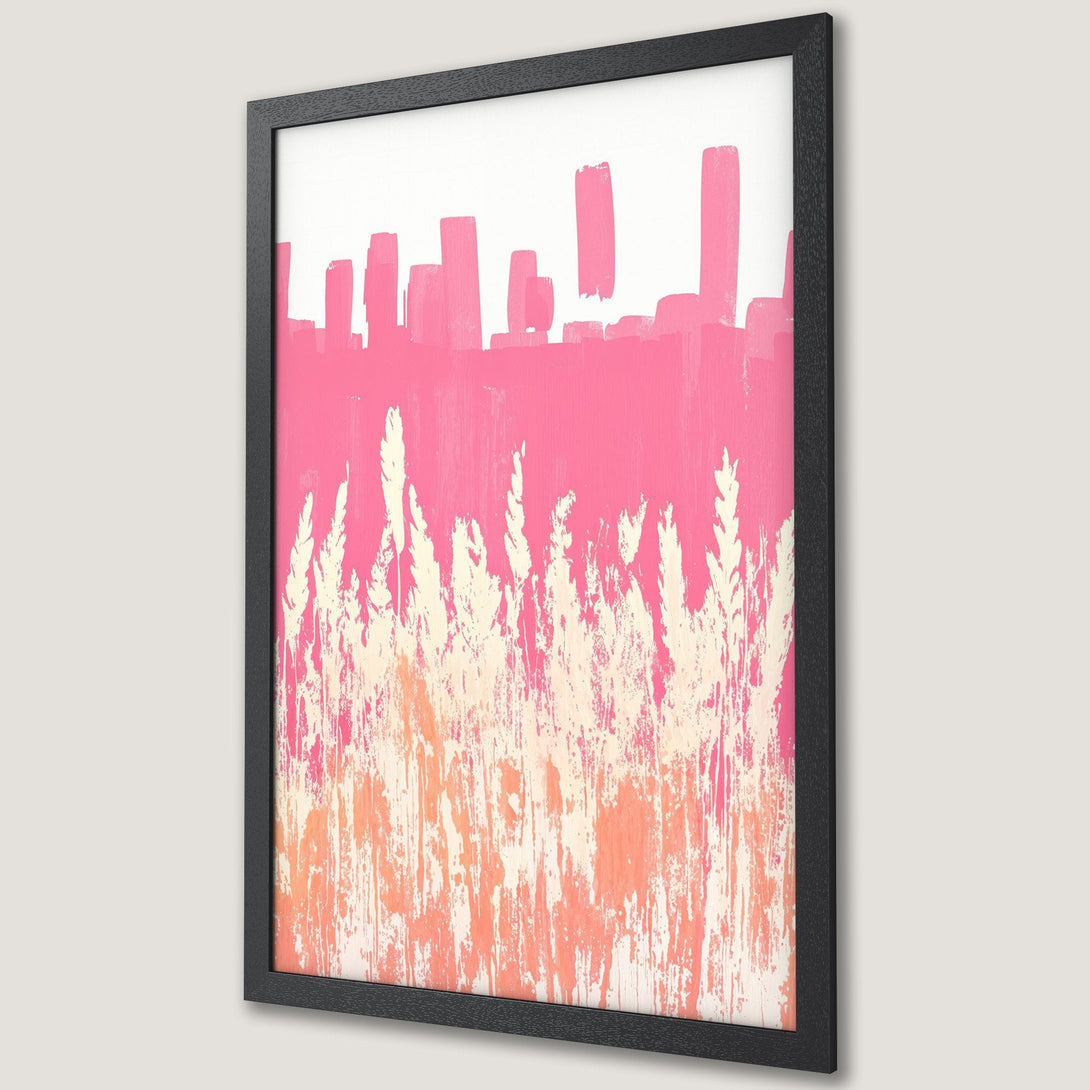 Framed Poster featuring an abstract painting with pink and orange hues, a modern art style. Perfect wall decor.