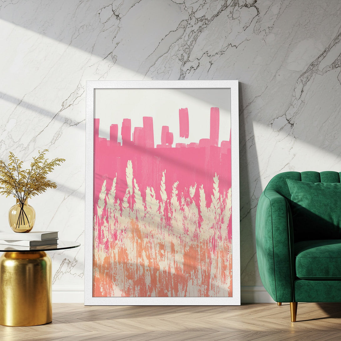 Framed Poster: Abstract art in pink, peach, and white. Modern style, perfect for adding a pop of color to your space.