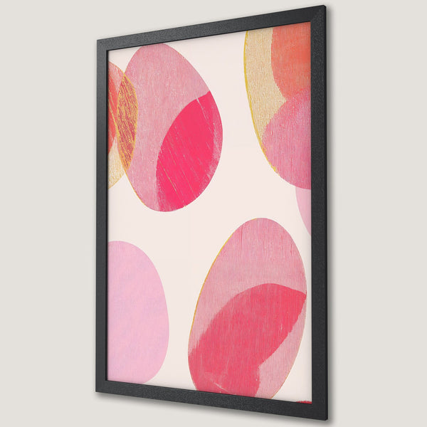 Framed Poster featuring abstract art with pink, red, and gold organic shapes. Modern art print for home decor.
