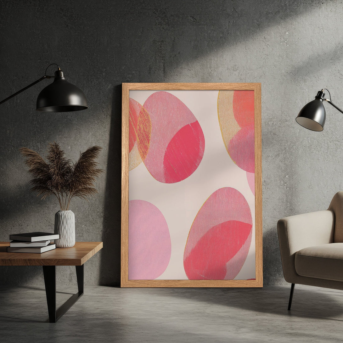 Framed Poster featuring abstract pink and gold circles. Modern art print with a warm, inviting color palette perfect for home decor.