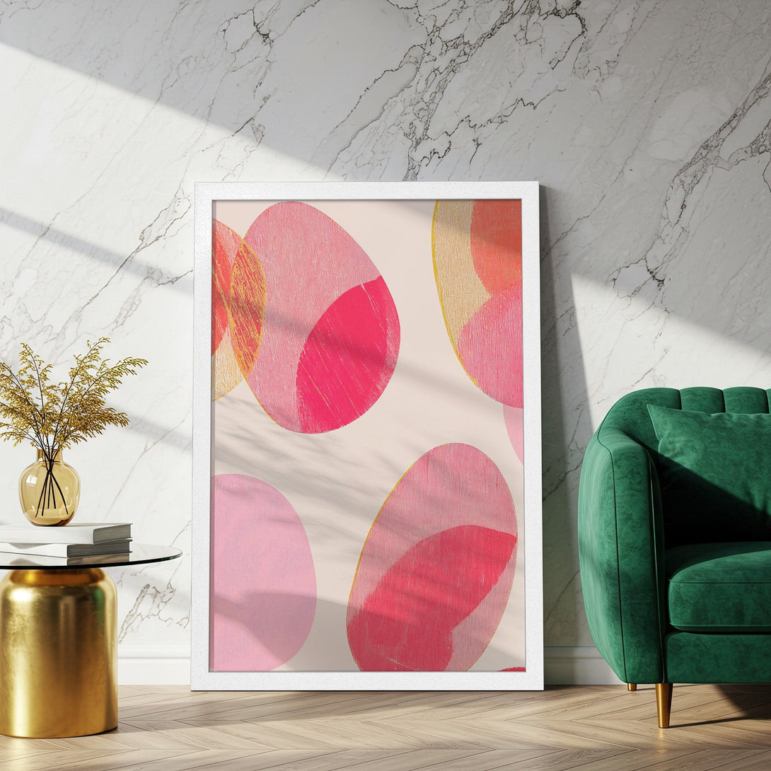 Framed Poster featuring abstract pink and red circles on a neutral background. Modern art print, perfect for adding color and style to your home.