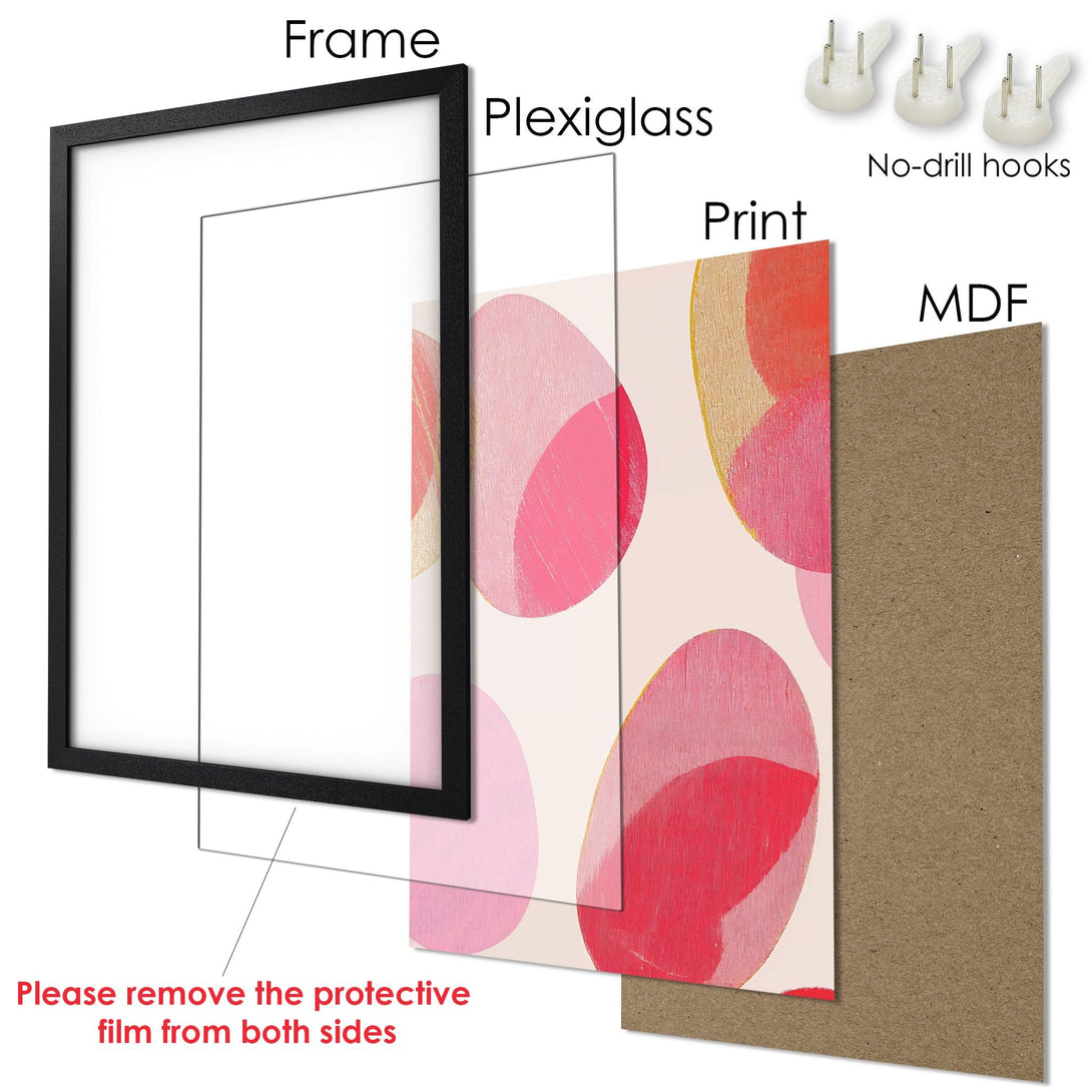 Framed Poster with abstract pink and red art. Modern style, warm color palette. Ready to hang art for your home.