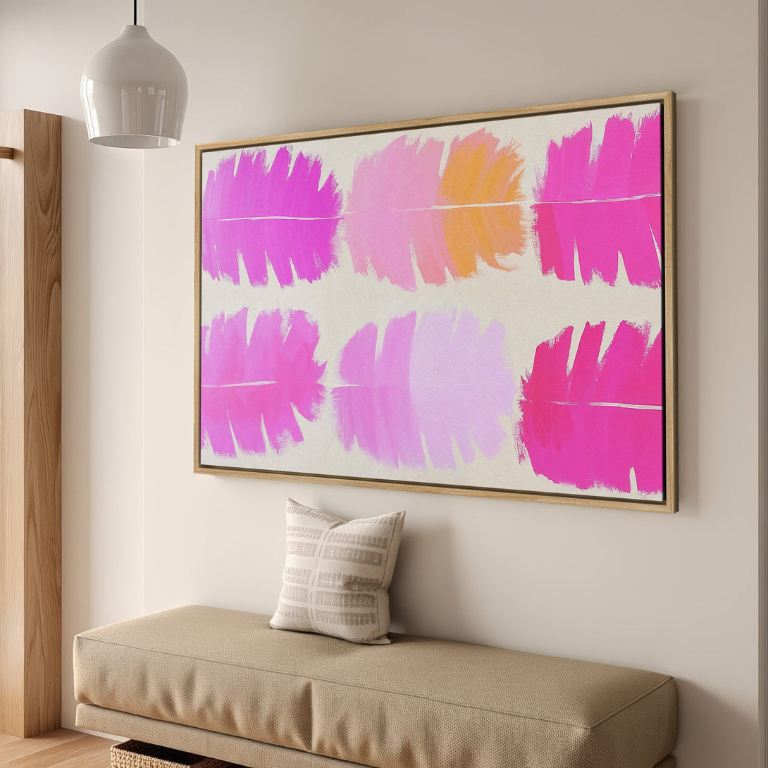 Framed Wall Art: Abstract brushstroke canvas print in vibrant pink, orange, and cream tones. Modern art for a pop of color in your home decor.