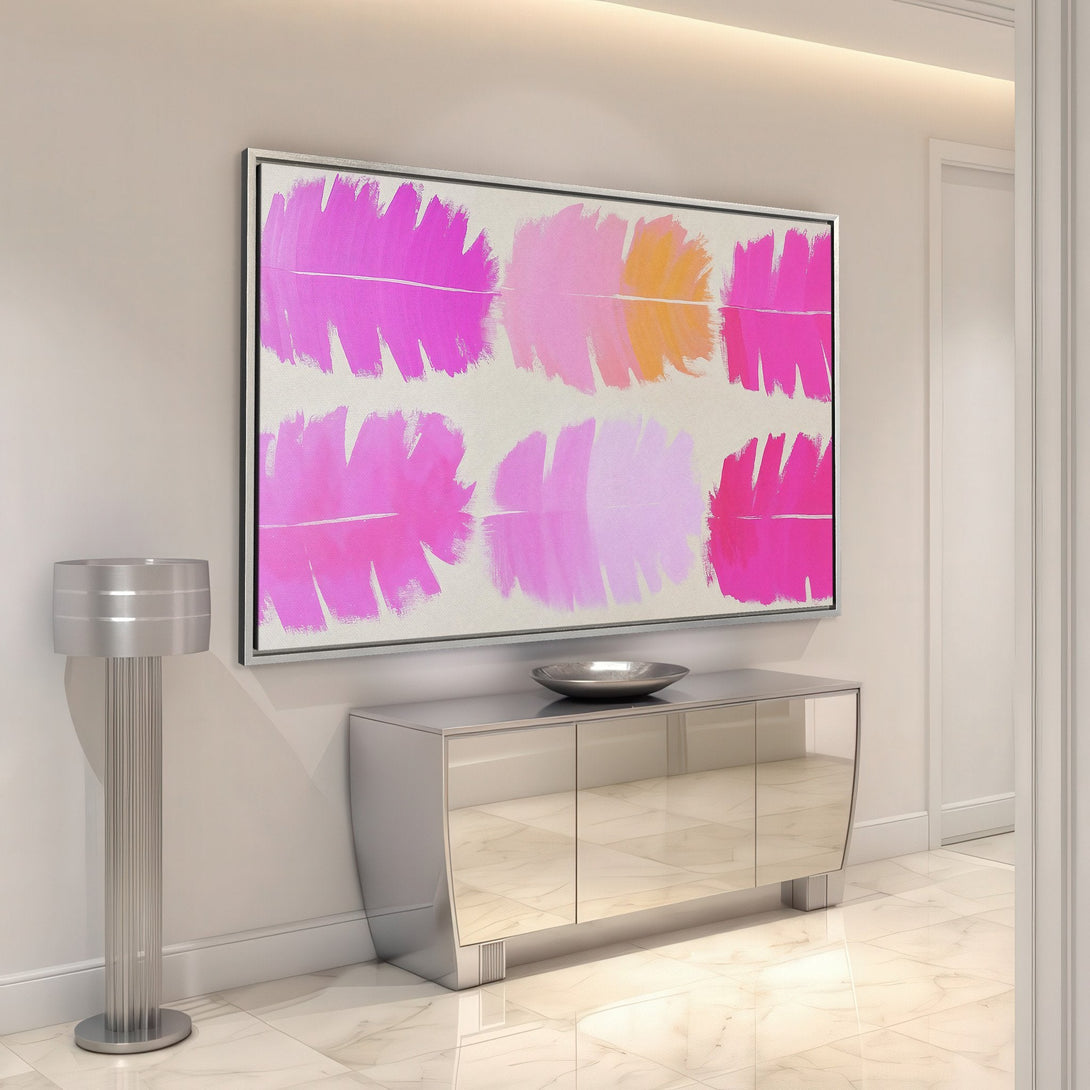 Framed Wall Art: Abstract pink and orange brushstroke Canvas Print, modern art in a bright interior. Perfect for adding a pop of color!