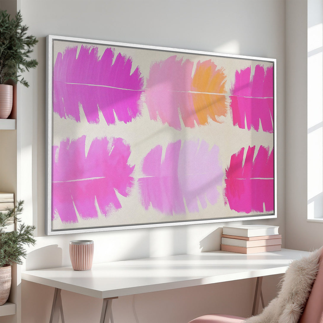 Framed Wall Art featuring abstract pink brushstrokes on a neutral background. Modern art canvas print perfect for adding a pop of color to any space.