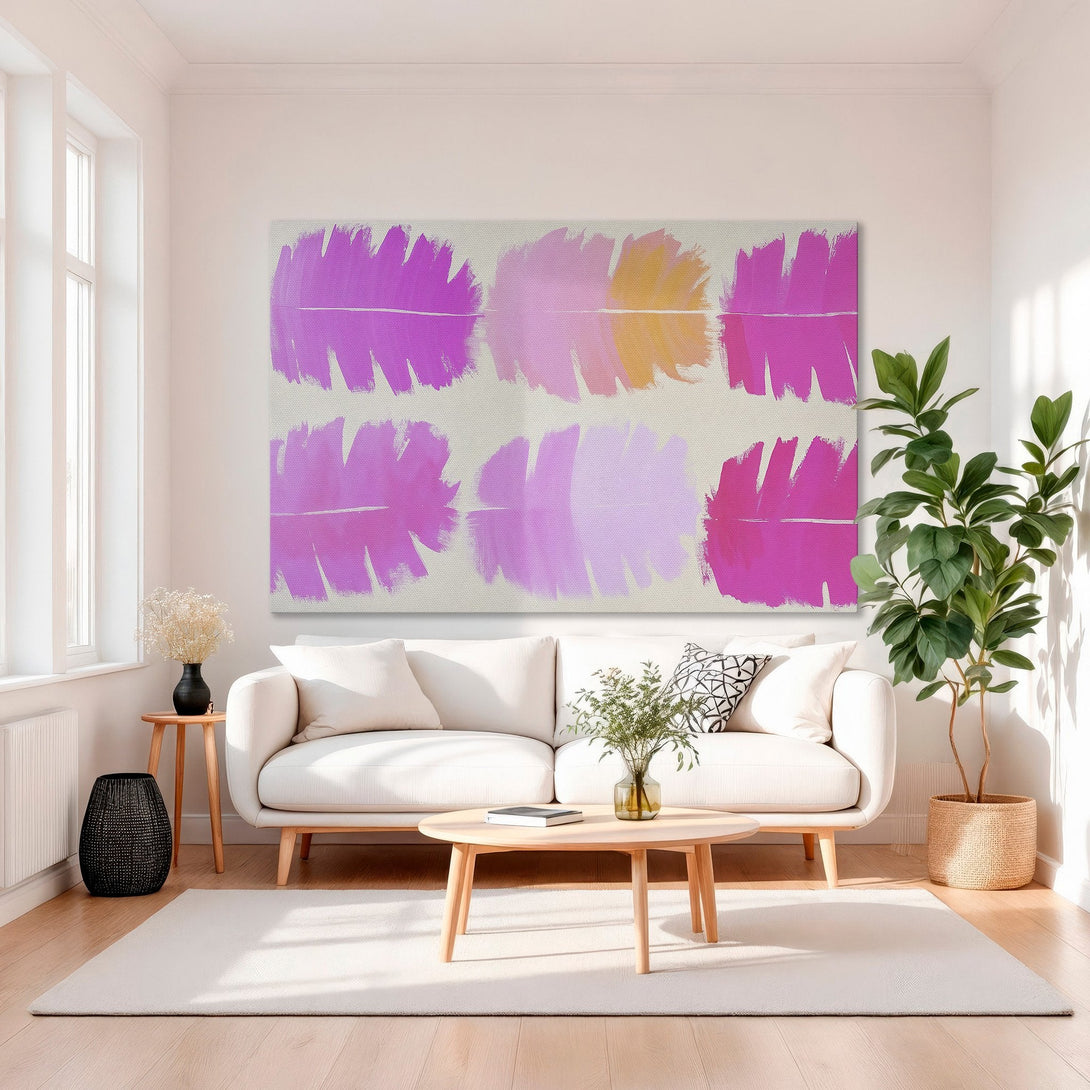 Framed Wall Art: Abstract pink brushstroke design, modern style, gold frame. Perfect for living room decor, adds a pop of color!