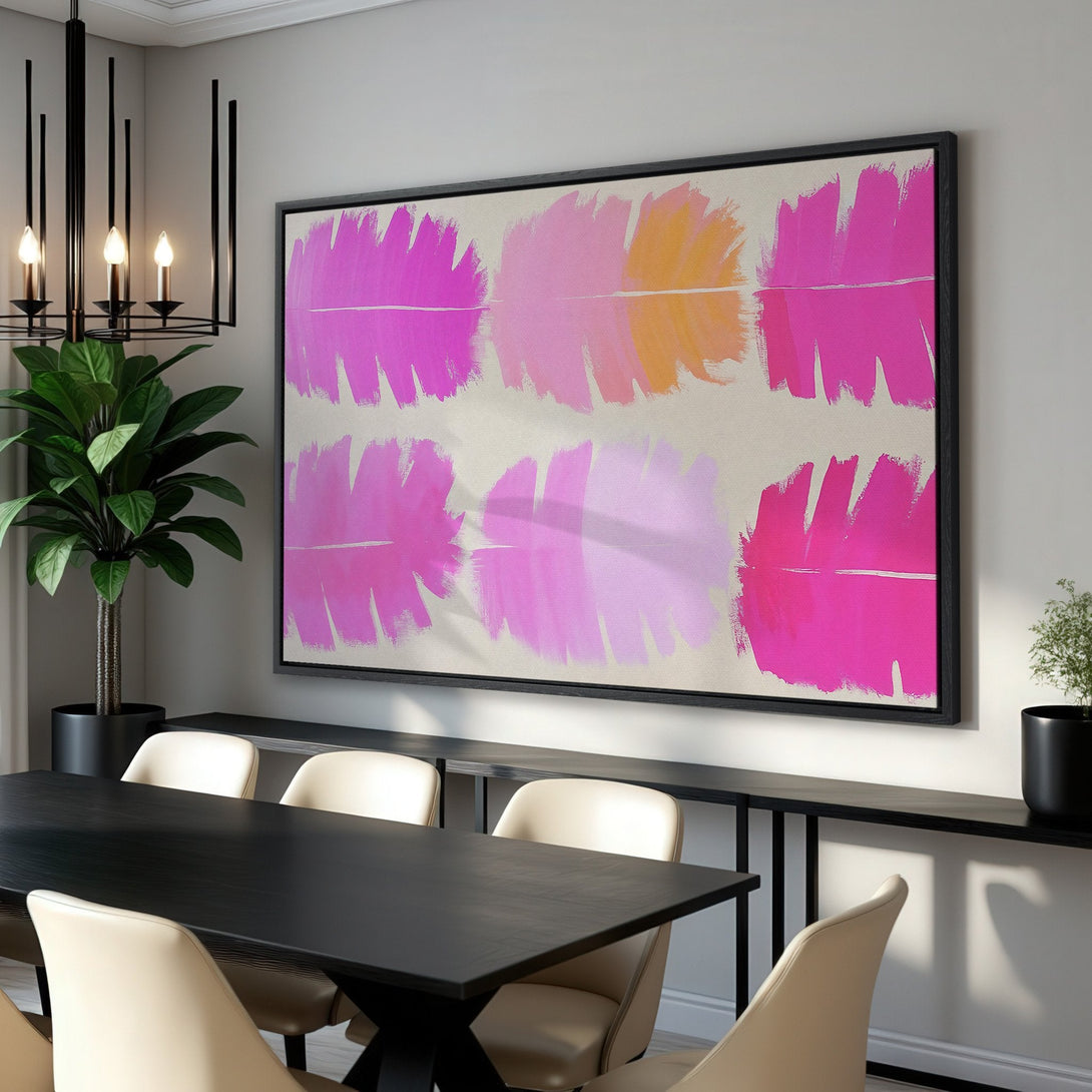 Framed Wall Art featuring abstract brushstroke design in a vibrant pink, peach, and cream color palette. Modern art for dining room decor.