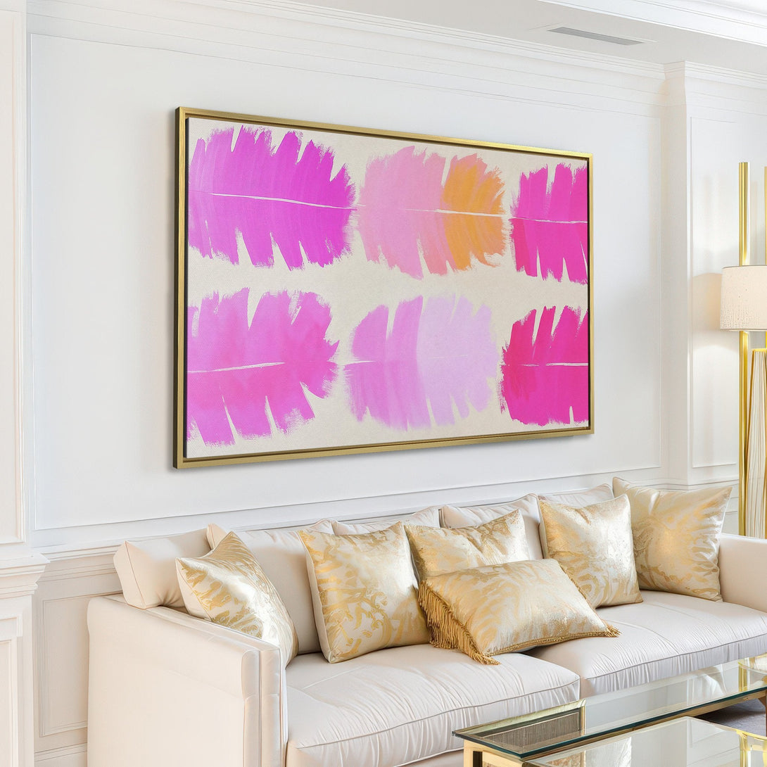 Abstract Canvas Print in a modern living room. Features a vibrant pink and yellow color palette. Perfect for adding a pop of color.