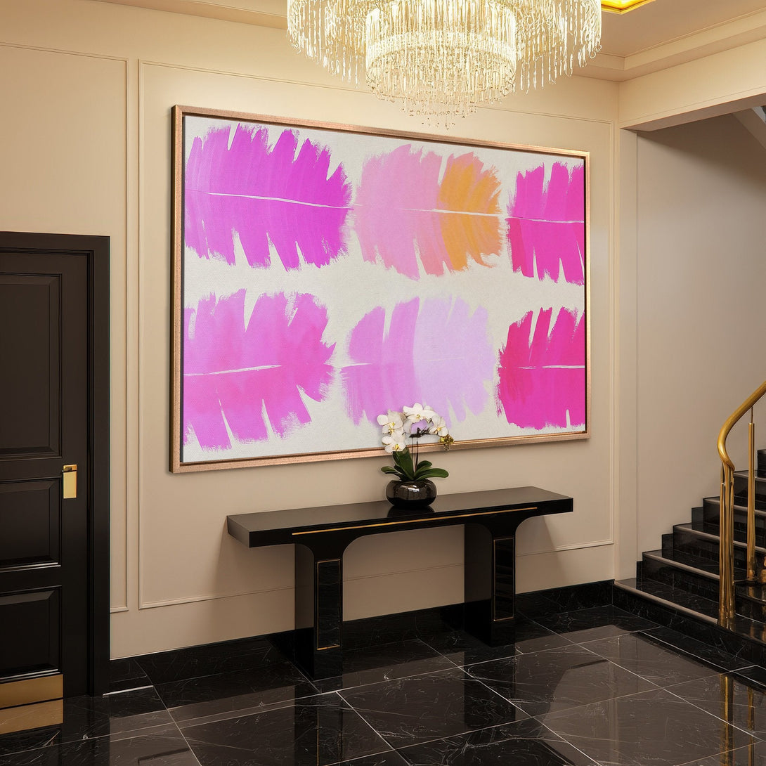 Framed Wall Art: Abstract pink and orange brushstroke art, modern style. Adds a pop of color to any space. Shop our canvas prints!