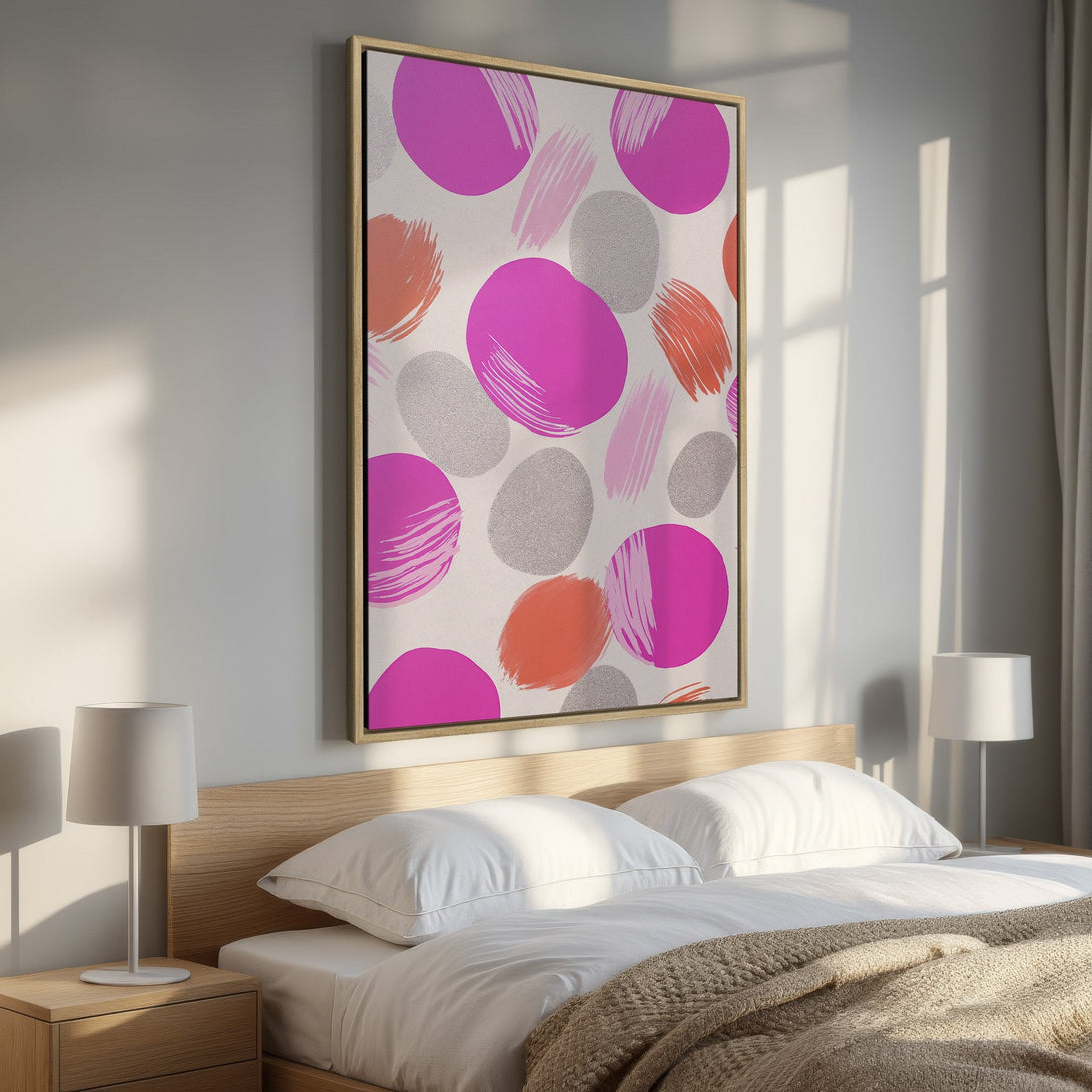Framed Wall Art featuring abstract brushstroke design in pink, orange, and silver. Modern art canvas print perfect for bedroom decor.
