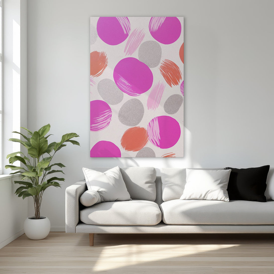 Framed Wall Art: Abstract art with pink, orange, and gray brushstrokes on a cream background. Modern canvas print adds a pop of color to any room.