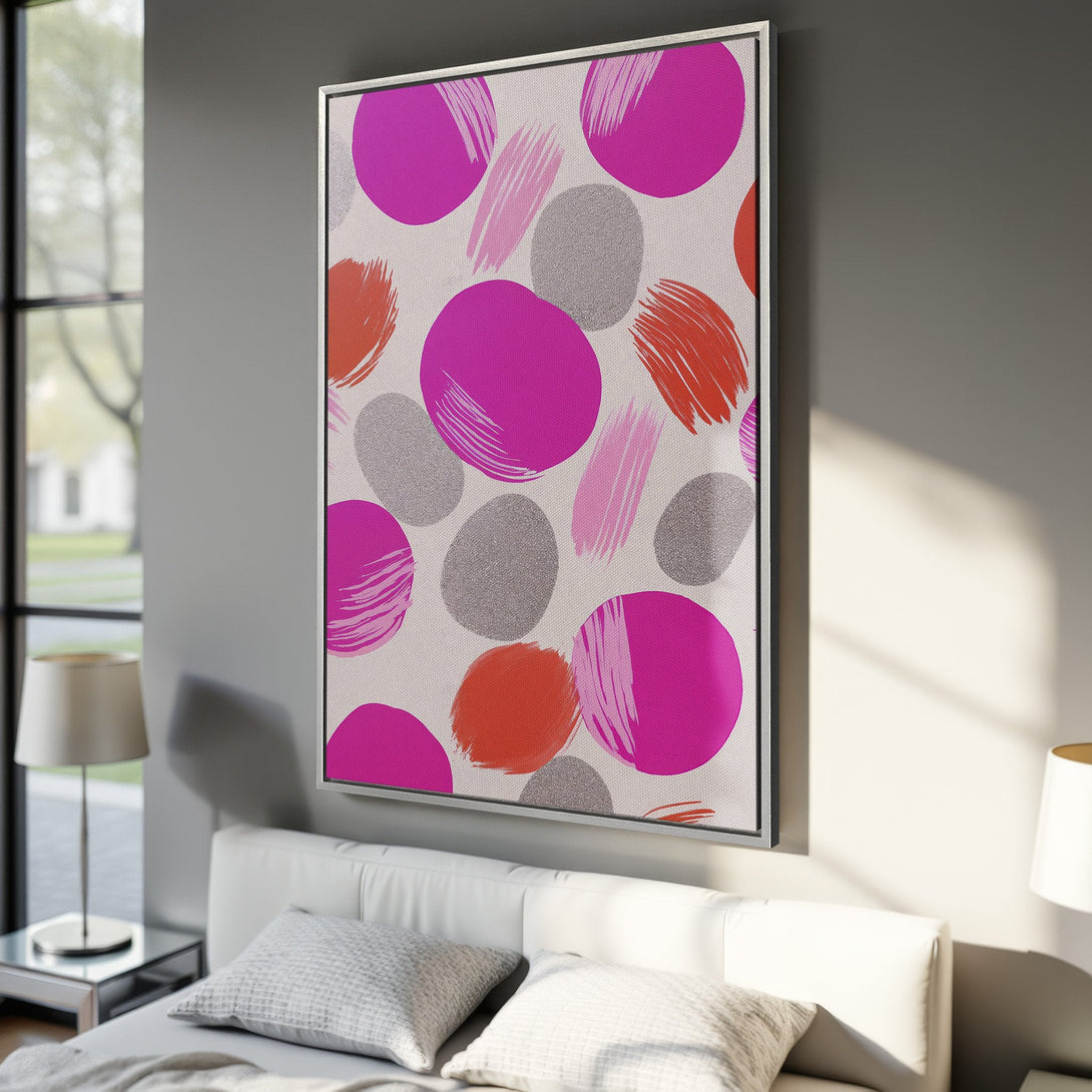 Framed Wall Art featuring a vibrant abstract design with pink, orange, and gray brushstrokes. Modern canvas print perfect for adding a pop of color to any space.