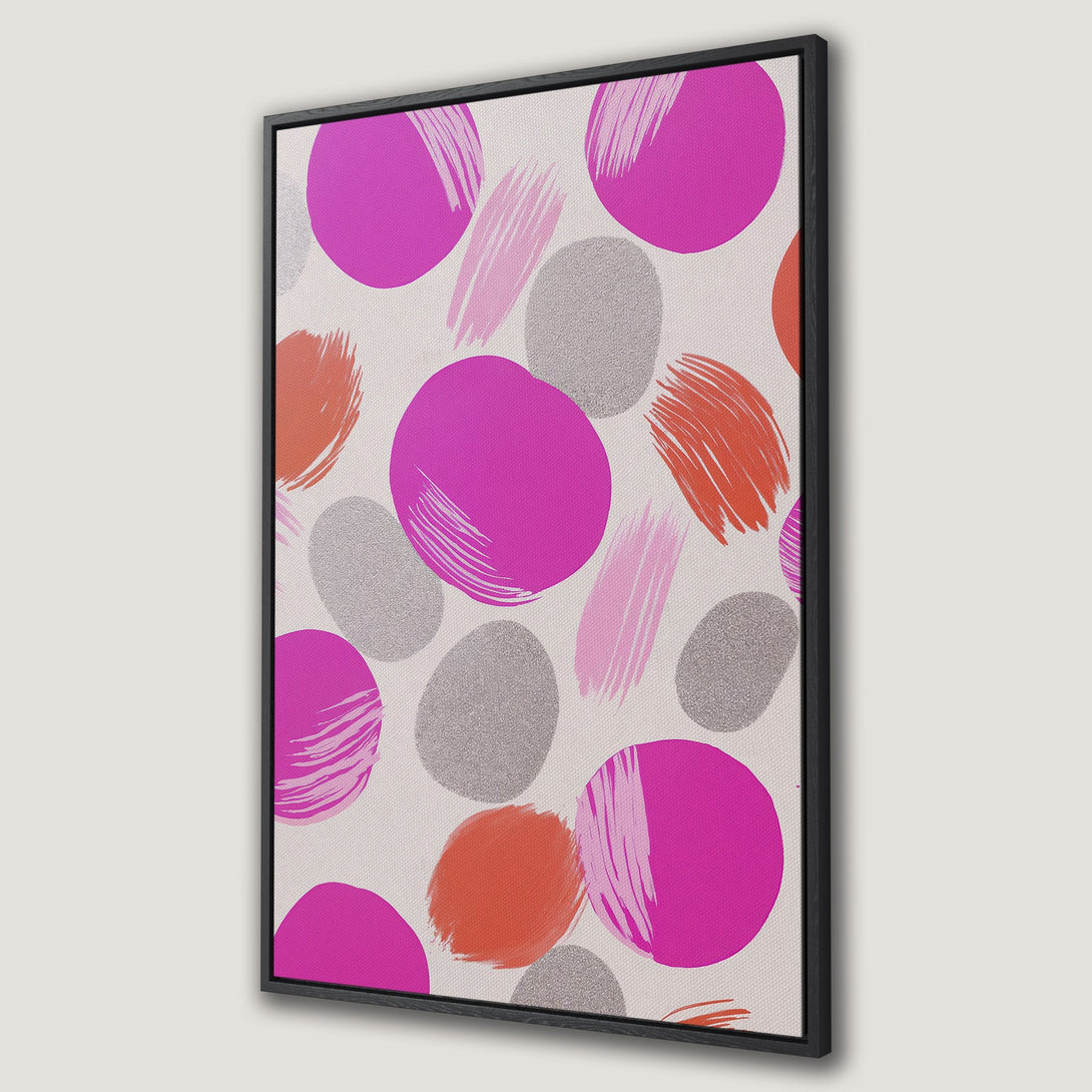 Framed Wall Art featuring abstract brushstroke design with pink, orange, and gray hues. Modern Canvas Print perfect for adding a pop of color to your space!