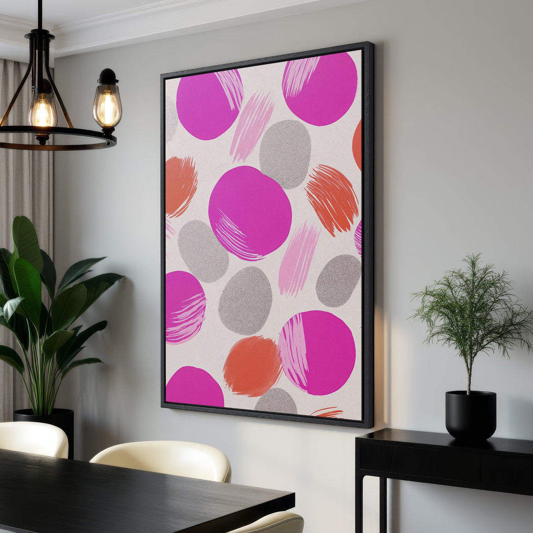 Framed Wall Art featuring abstract pink, orange, and silver brushstrokes on a neutral background. Modern art for your home decor.