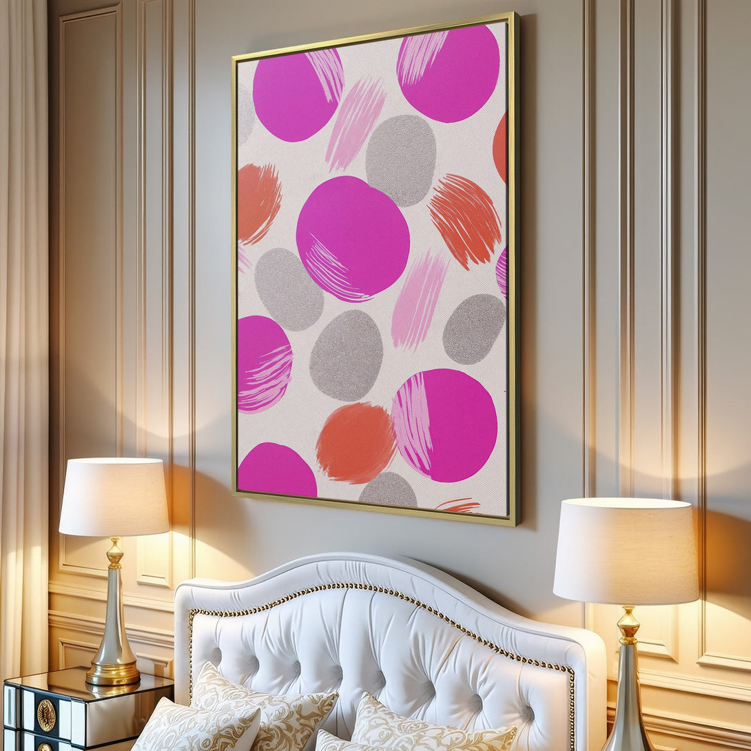 Canvas Print with abstract pink, orange, and silver brushstroke design. Modern wall art for living room decor.