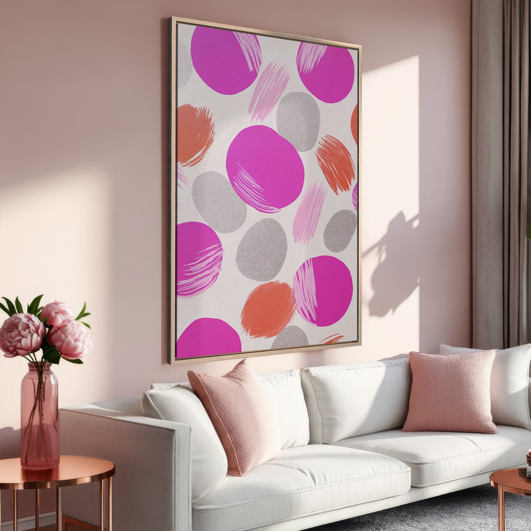 Framed Wall Art with abstract brushstroke design in pink, orange, and gray. Modern canvas print adds a pop of color to any interior.