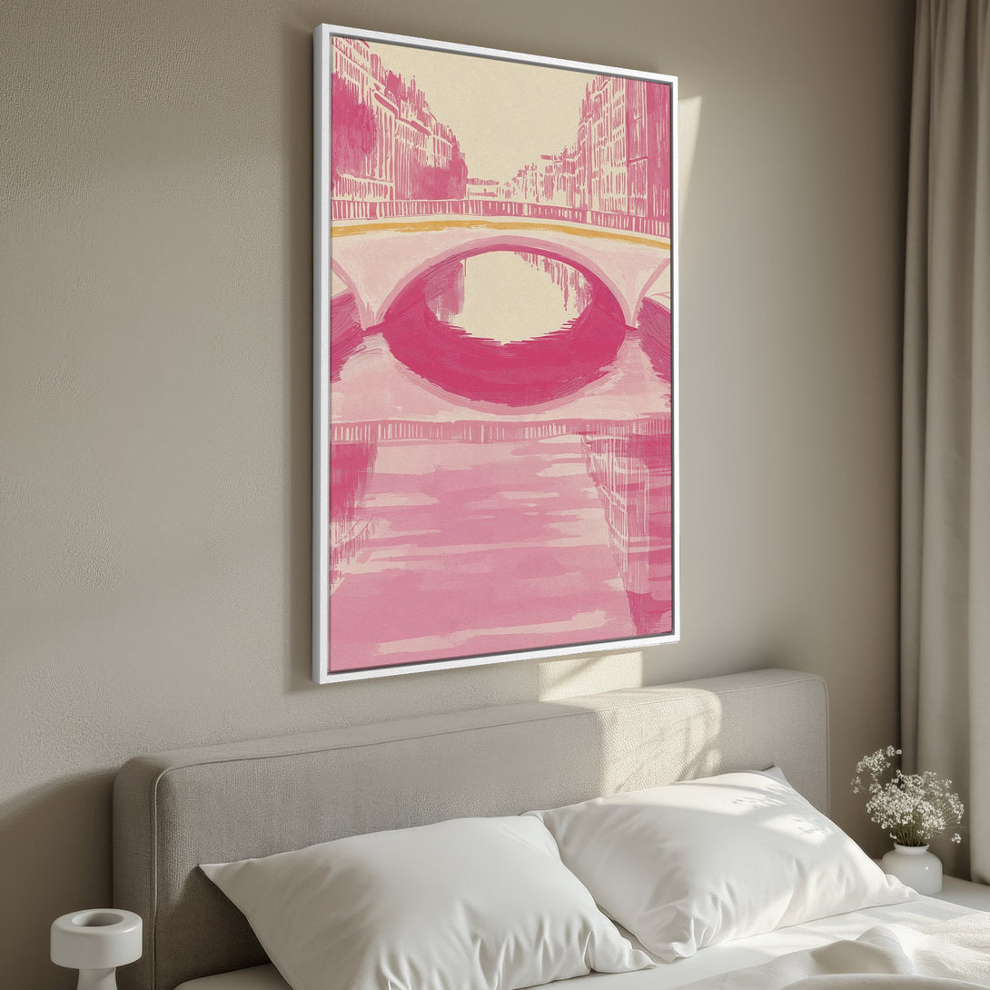 Framed Wall Art featuring a pink bridge painting. Modern art style with a soft, monochromatic pink palette. Perfect for bedroom decor.