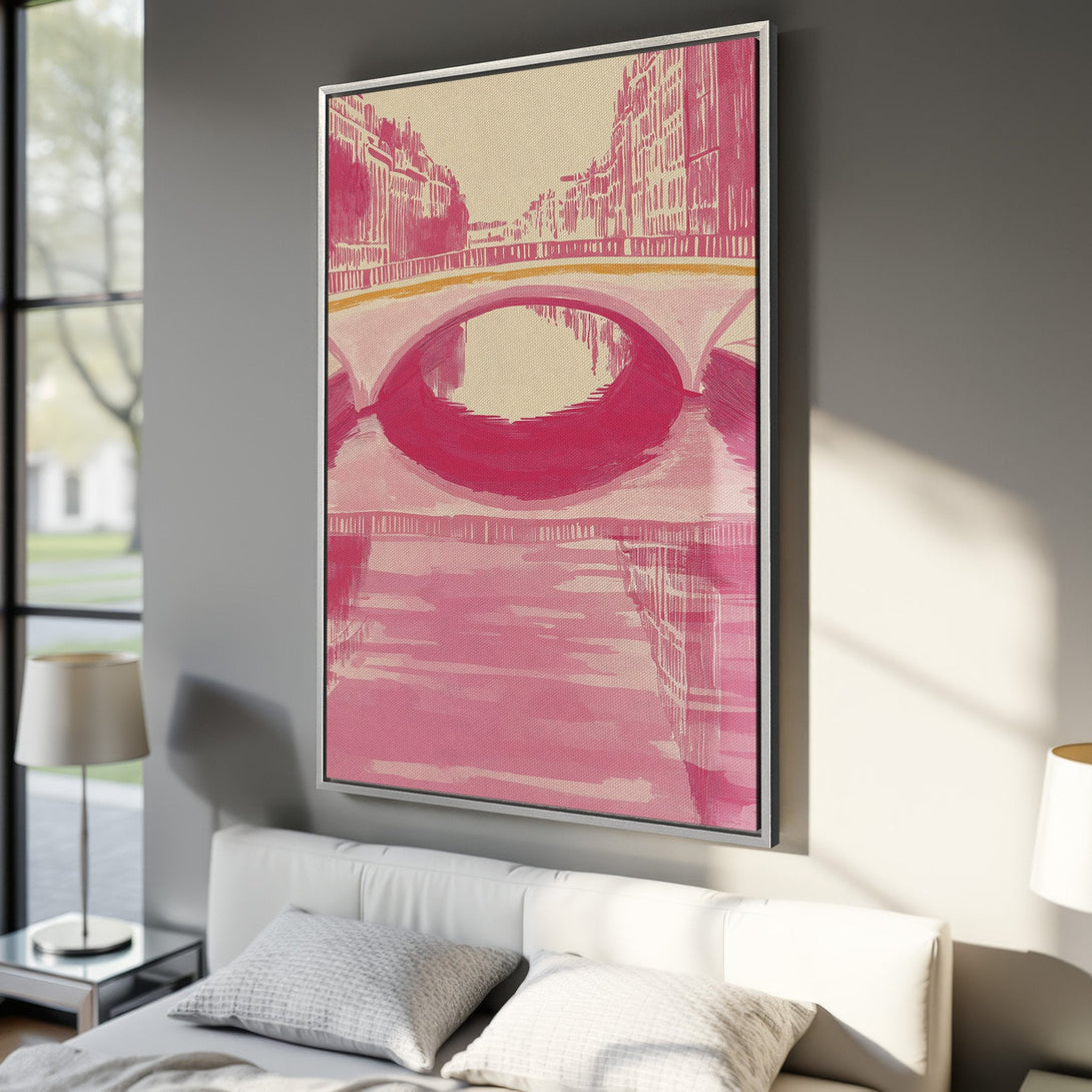 Framed Wall Art: Abstract pink bridge art canvas print. Modern style with a vibrant pink and beige color palette, perfect for adding a pop of color to any room.