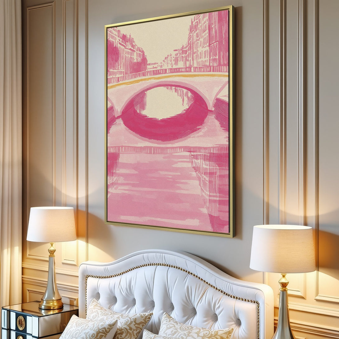 Canvas Print of a pink abstract bridge scene, displayed in a modern living room. Features a minimalist style with a soft pink color palette.