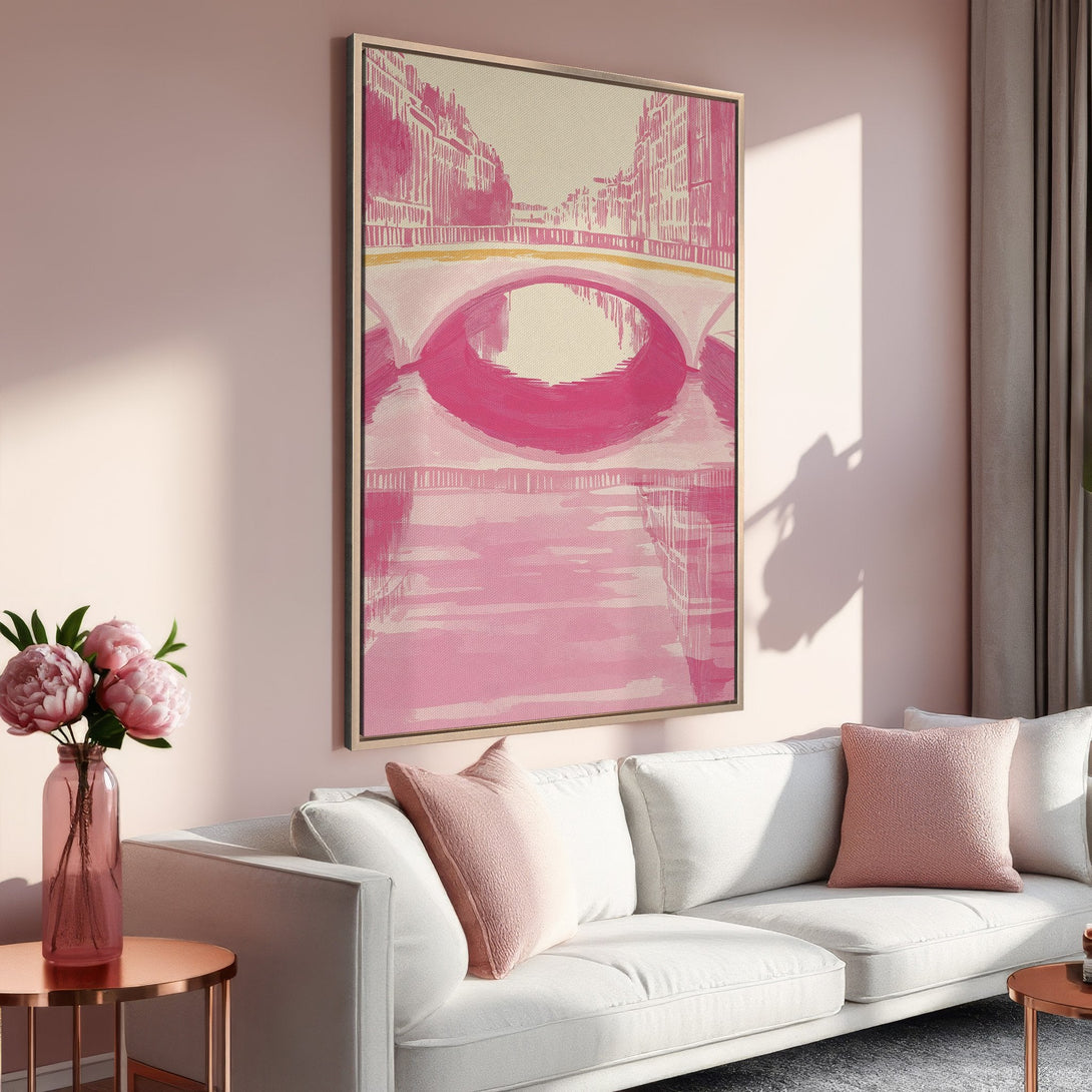 Framed Wall Art featuring a pink abstract bridge painting. Modern style with a blush and cream color palette. Perfect for adding a touch of elegance to any space.