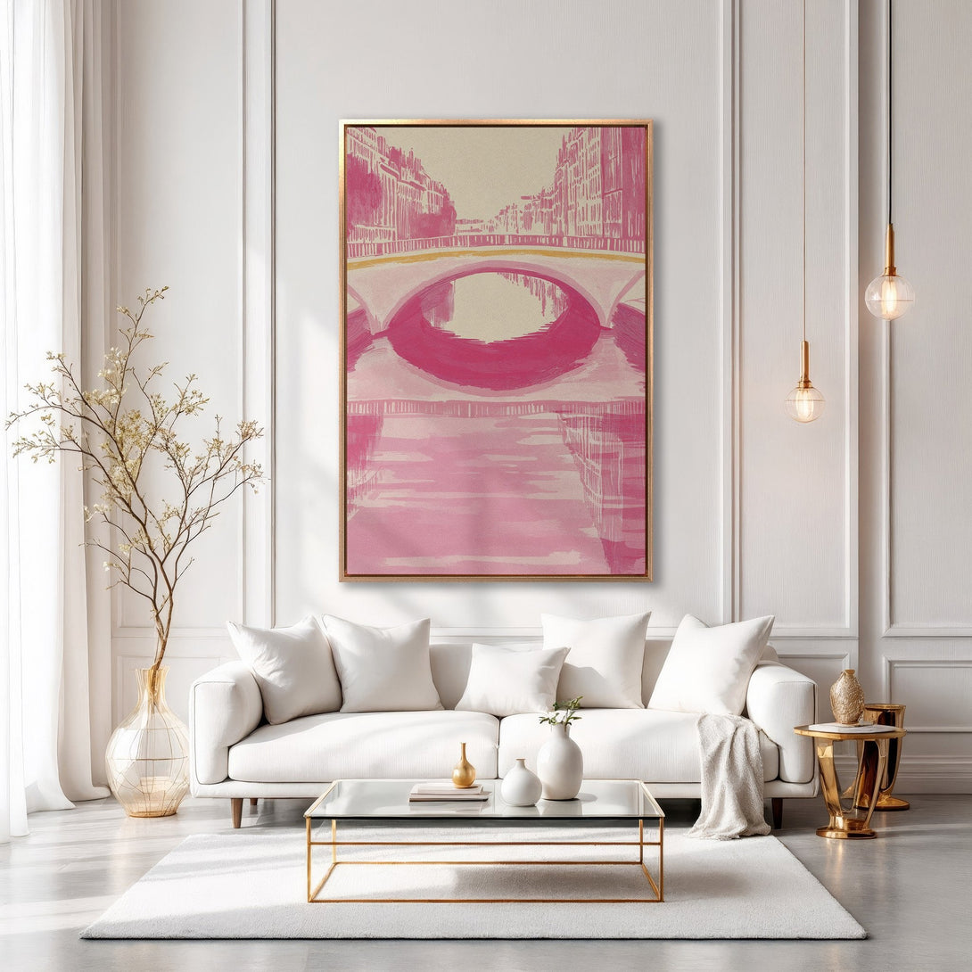 Framed Wall Art: Pink bridge painting in a modern interior. Abstract style, featuring a pink and neutral color palette. Perfect for living rooms!