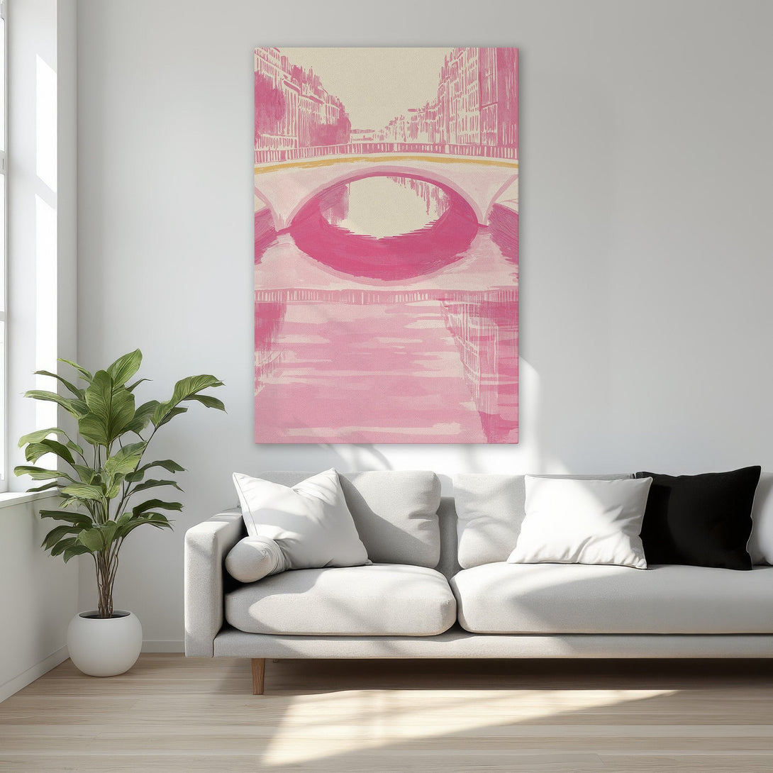 Framed Wall Art: Pink bridge canvas print in a modern interior. Abstract cityscape art with a pink and beige color palette. Perfect for bedroom decor.