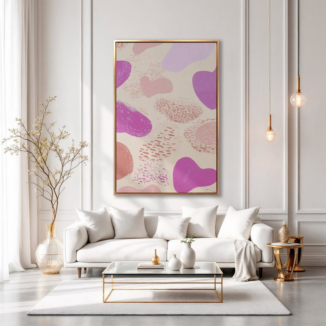 Framed Wall Art: Abstract art Canvas Print in a modern living room. Featuring a neutral palette with pink and purple shapes. Perfect for home decor.