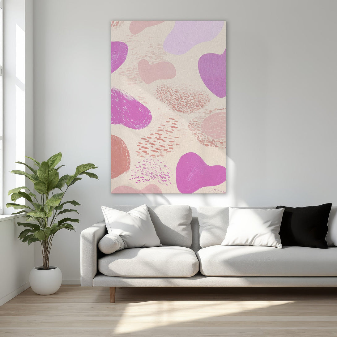 Abstract Canvas Print with pink and purple shapes. Modern wall art for bedroom decor. Soft, neutral color palette.