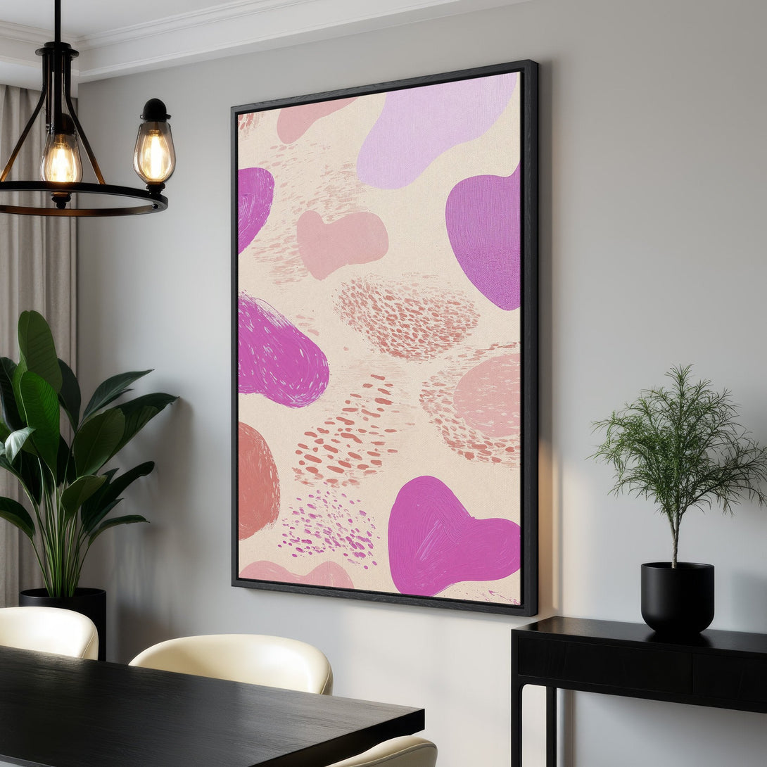 Framed Wall Art featuring abstract shapes in pink and purple hues. Modern canvas print for living room or bedroom decor.