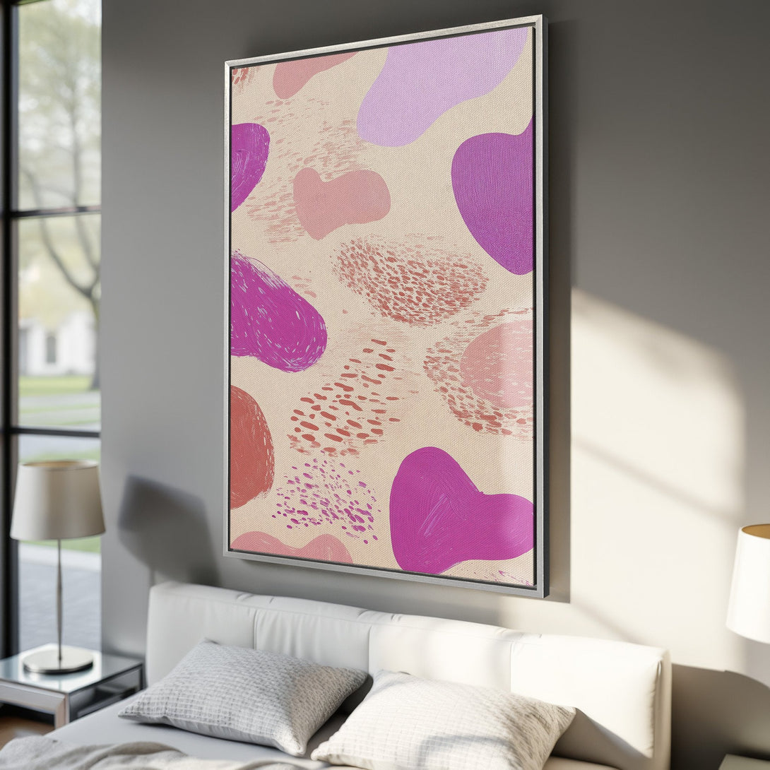 Abstract Canvas Print with purple, pink, and beige shapes. Modern framed wall art adds a pop of color and style to any bedroom or living space.