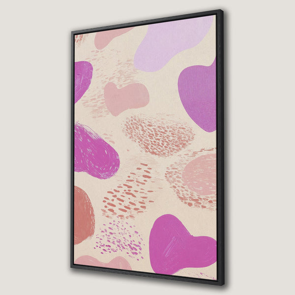 Framed Wall Art featuring an abstract design in a modern style. Soft pinks, purples, and beige create a calming, stylish canvas print.