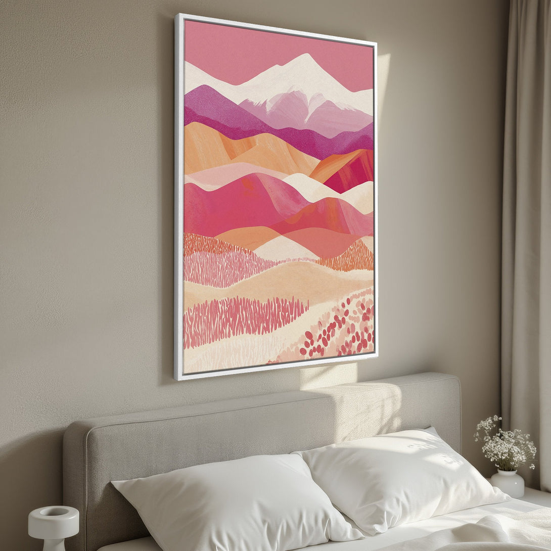 Framed Wall Art: Abstract landscape in warm pink and orange tones. Modern art print perfect for bedroom decor. Add a touch of elegance to your space!