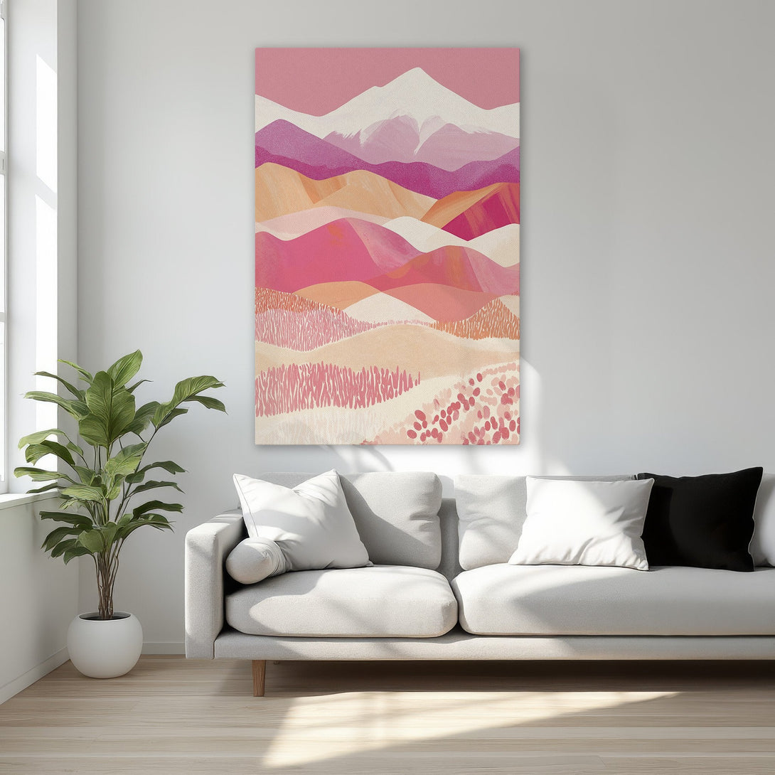 Framed Wall Art featuring a vibrant abstract landscape in pinks, oranges, and whites. Modern art style, perfect for adding a pop of color to your space.