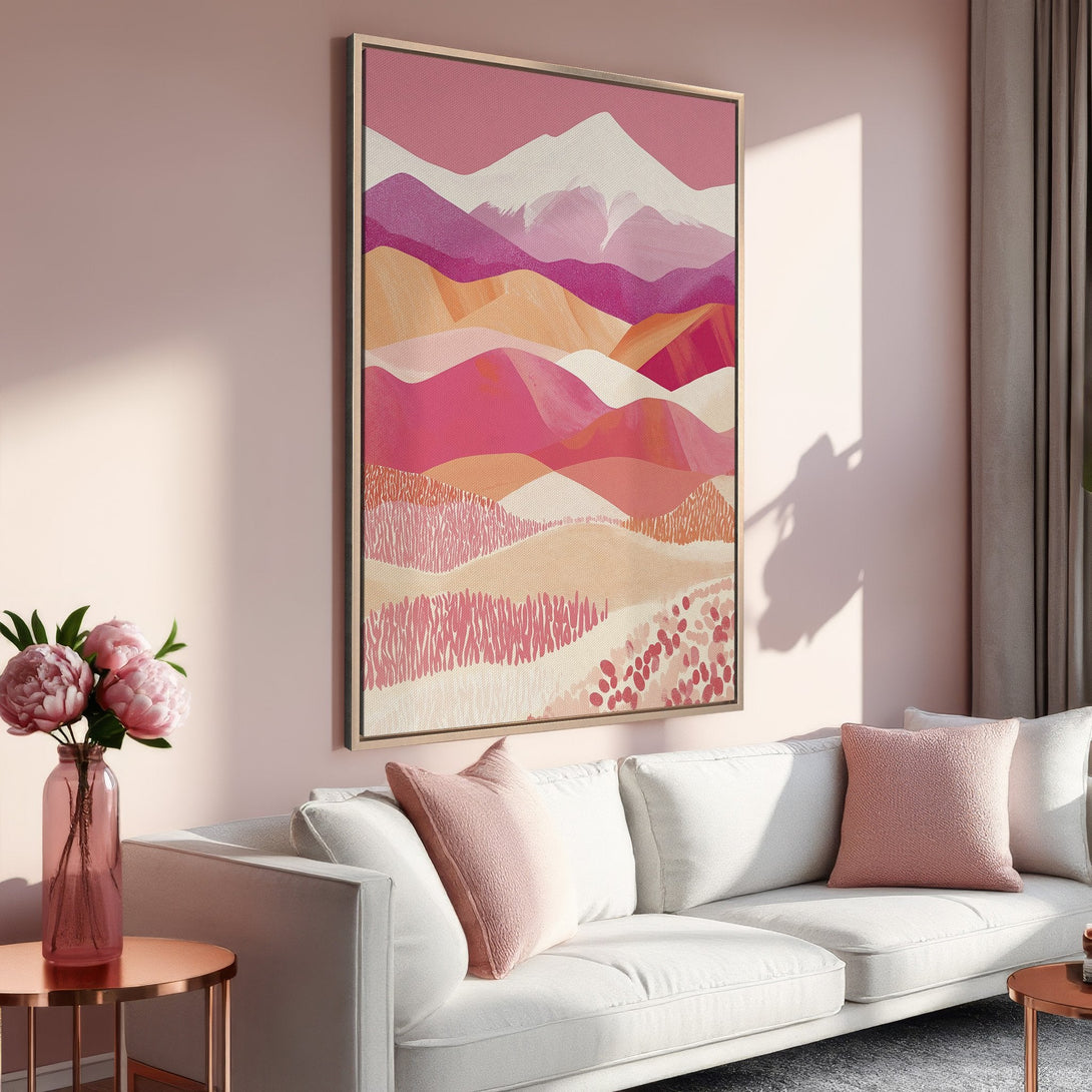 Framed Wall Art: Abstract mountain landscape in pink & orange hues. Modern art canvas print adds a pop of color to any interior.