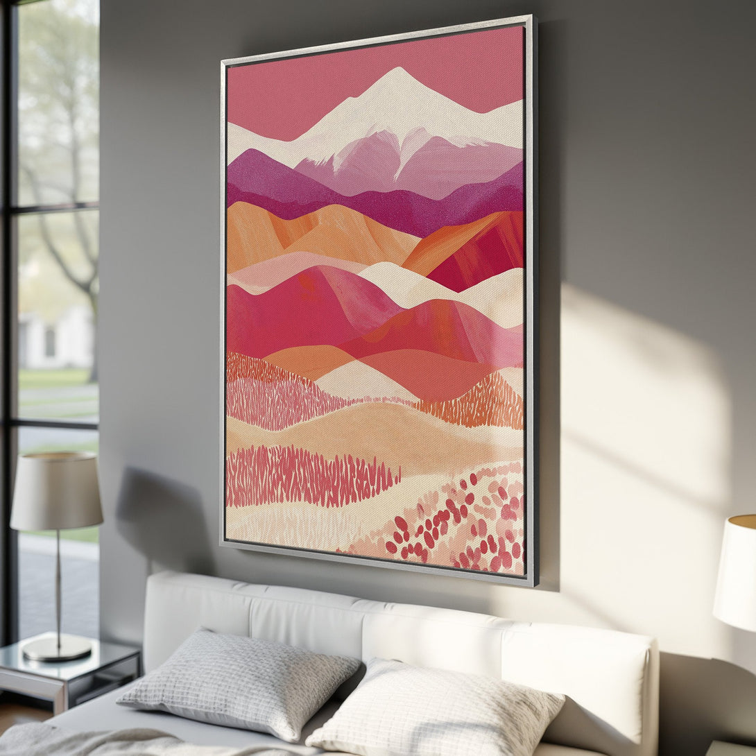Framed Wall Art: Abstract landscape Canvas Print in warm pink and orange tones. Modern art for bedroom decor. Add a pop of color!