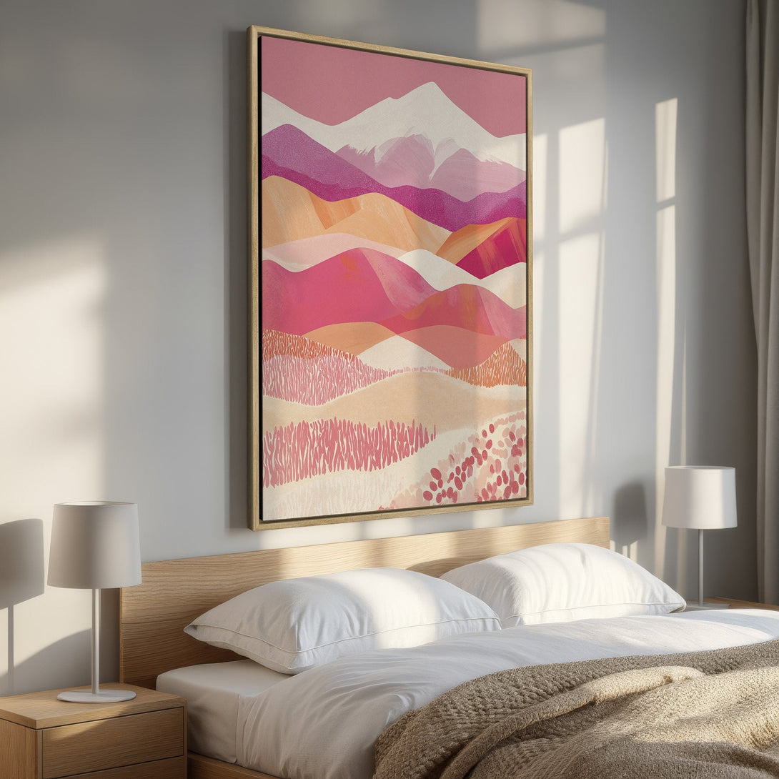 Framed Wall Art featuring an abstract pink and orange mountain landscape. Modern art style with a warm, inviting color palette for bedroom decor.